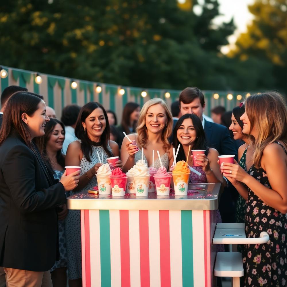 Guests gathered around the Scoop & Soul ice cream cart holding colorful cups