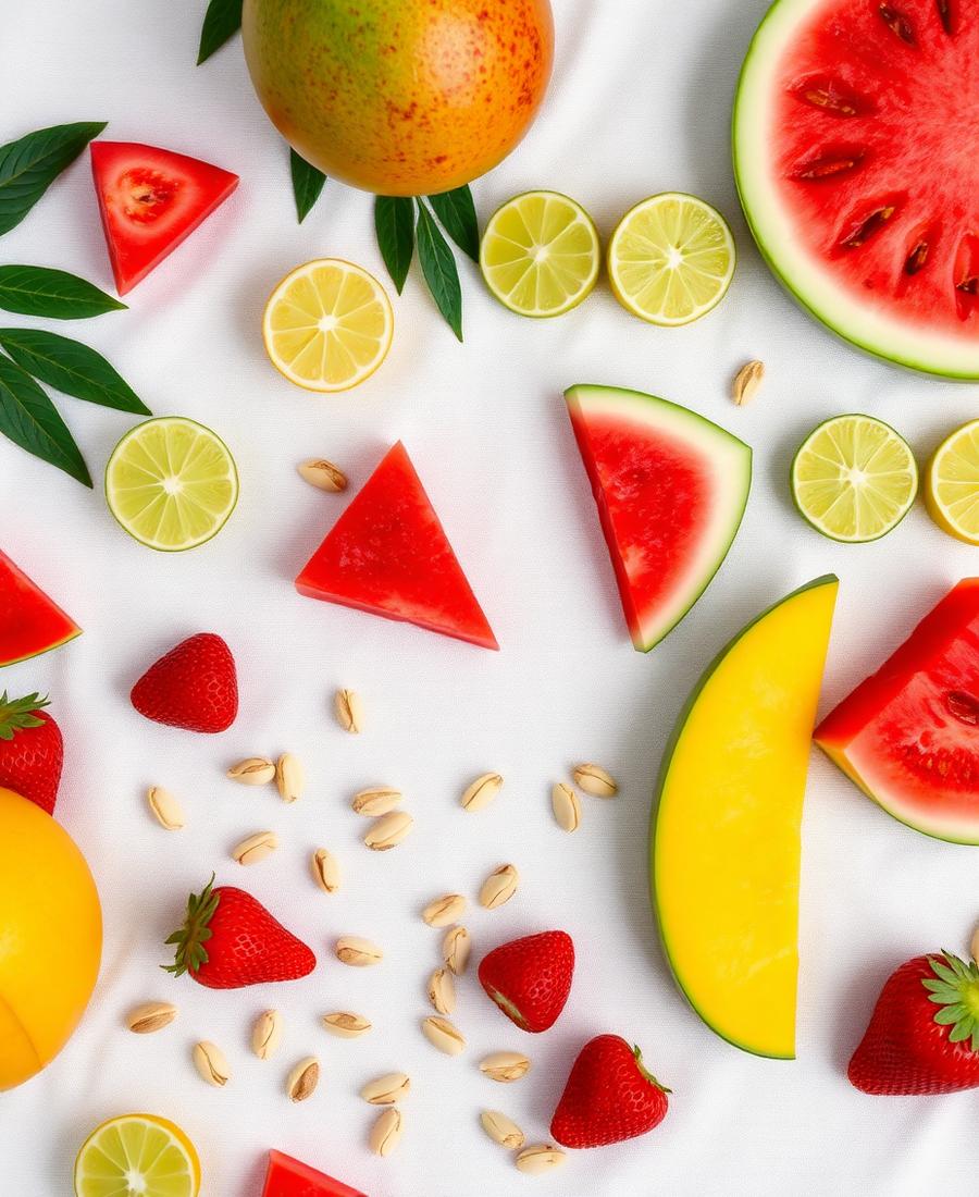 Fresh fruit ingredients on a cream linen surface