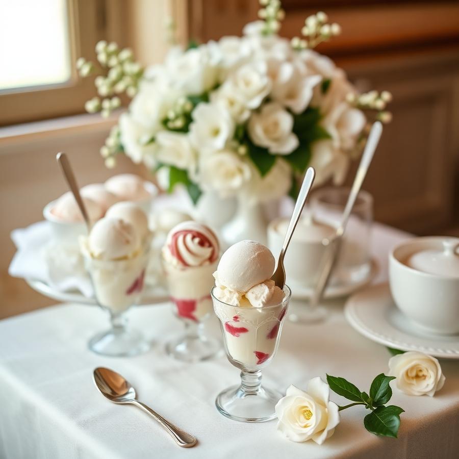 Elegant wedding dessert station with ice cream cups