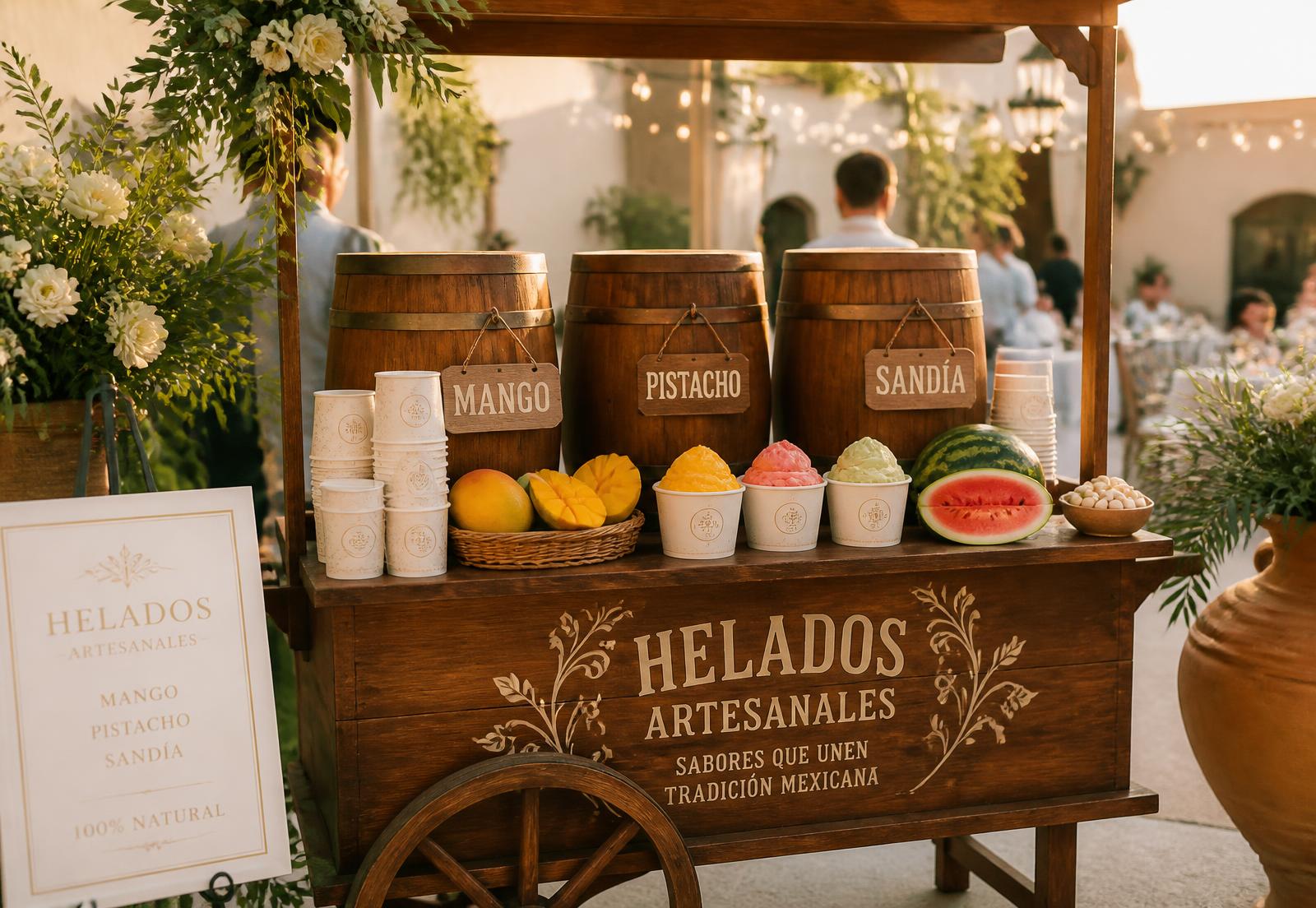 Handcrafted garrafa ice cream cart with colorful cups and fresh fruit at an elegant event